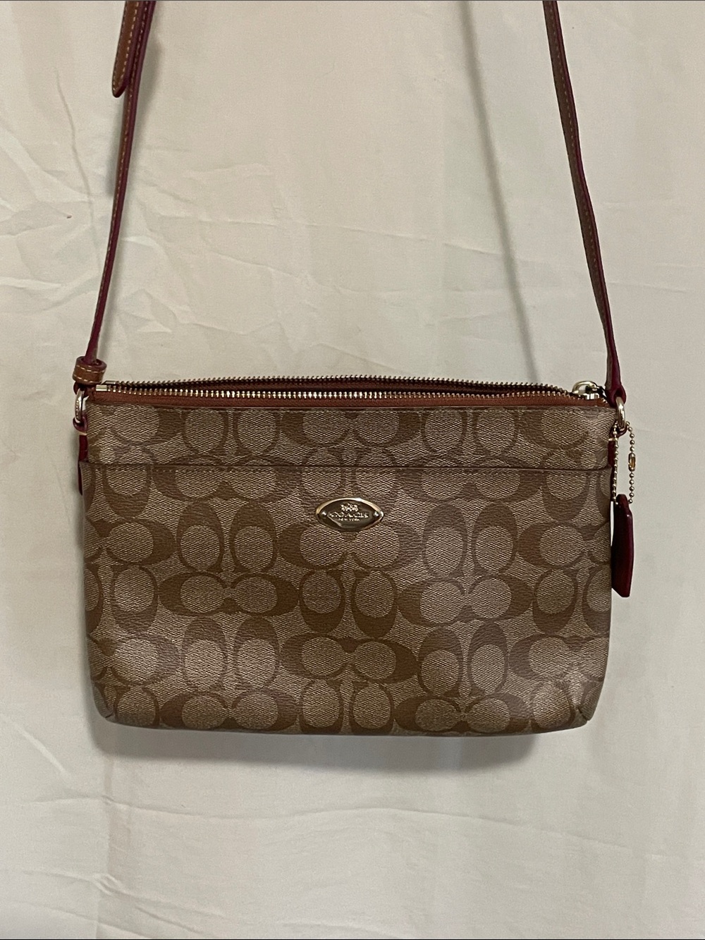 Coach Brown Signature Crossbody with Tan Leather Trim